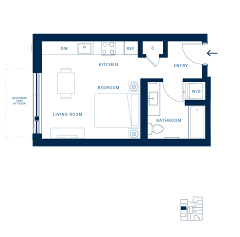 Floor plan for studio, 1 bath, 384 sqft